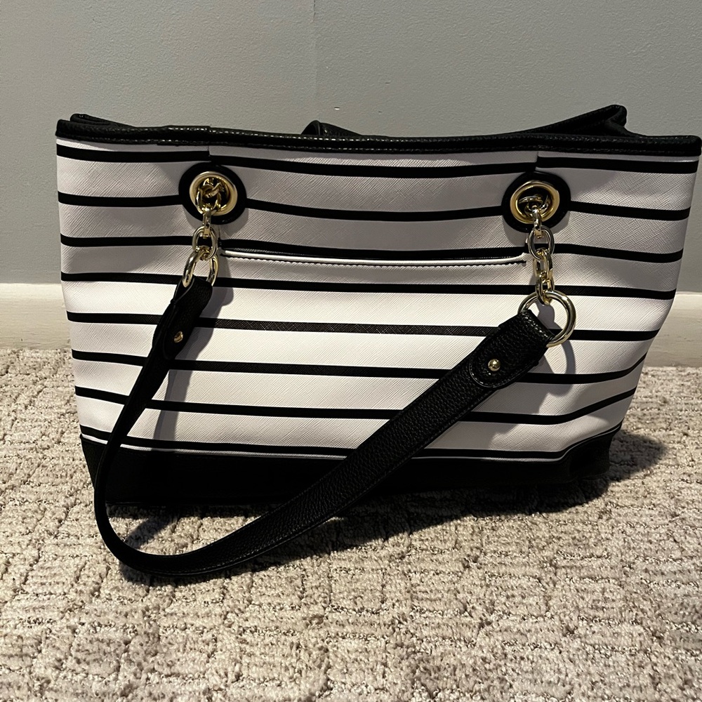 Liz Claiborne Black and White Stripe Tote with Gold Accents - Picture 2 of 7